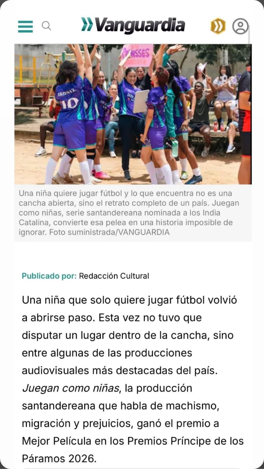 Nota de Vanguardia sobre el premio a la película ‘Juegan como niñas’, con MARIALE