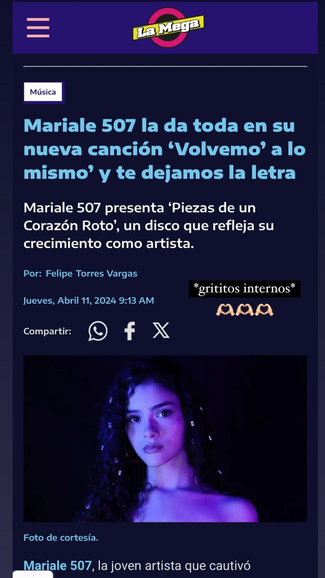 Artículo de La Mega sobre la nueva canción de MARIALE 507